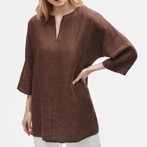 Eileen Fisher Organic Handkerchief Linen Split Neck Cocoa Tunic -NWT